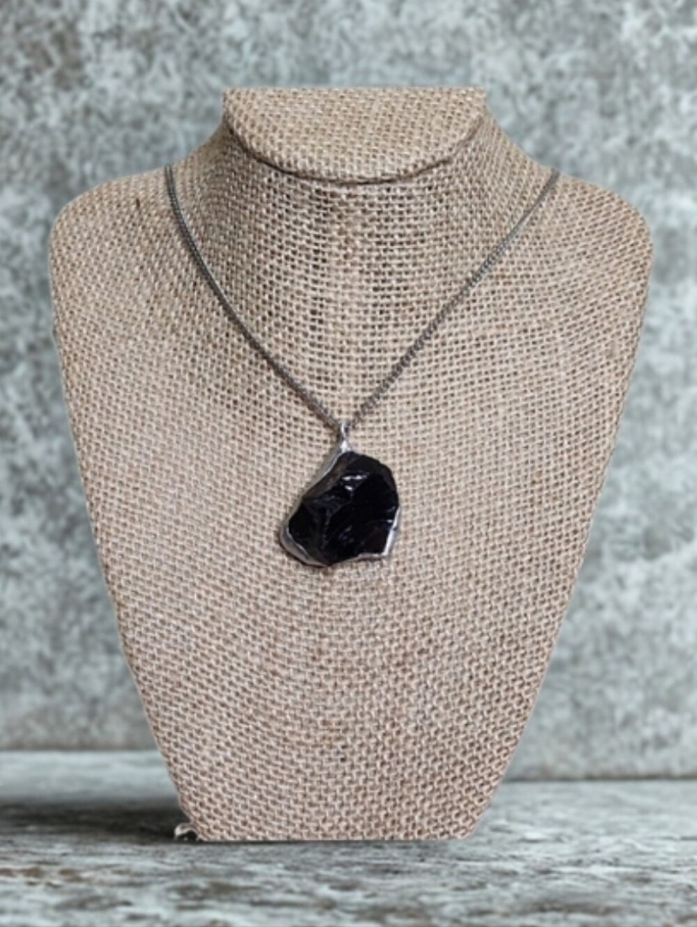 Artisan Raw Black Obsidian Pendant Set in Silver with Silver Chain